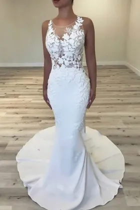 leaves shaped lace satin mermaid unique wedding dress