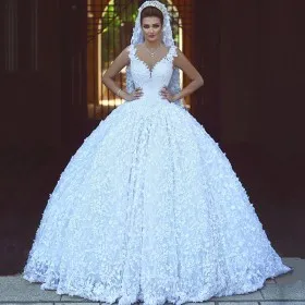 White Lace V Neck Sleeveless Arabic Wedding Ball Gown