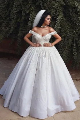 pearls mini flowers appliqued satin wedding ball gown