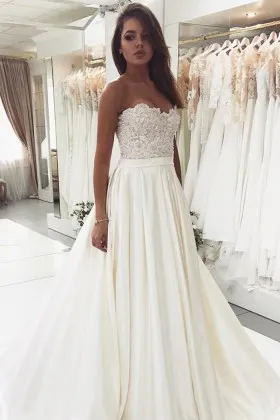 Strapless Ivory Lace Satin Elegant Spring Wedding Gown