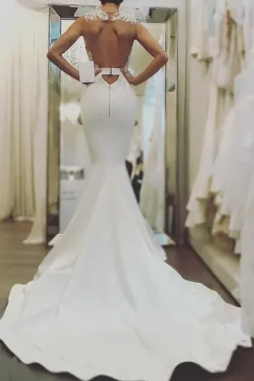 Illusion Lace Open Back Chapel Train Modern Bridal Gown