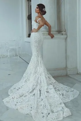 cool lace chapel train mermaid long boho spring bridal dress