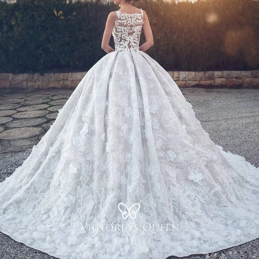 Illusion Lace Flowers Embellished Chic Wedding Ballgown - VQ