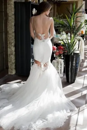 Backless cut out 2 in 1 lace tulle mermaid wedding gown