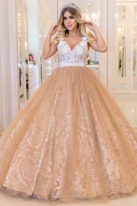 floral lace nude tulle cute ball gown wedding dress