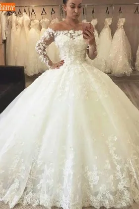 Flowers Embellished Long Sleeve Off the shoulder Wedding Gown