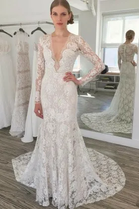 Unique Scalloped Lace V Neck Long Sleeve Wedding Dress