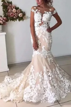 white lace nude lining illusion neckline wedding gown