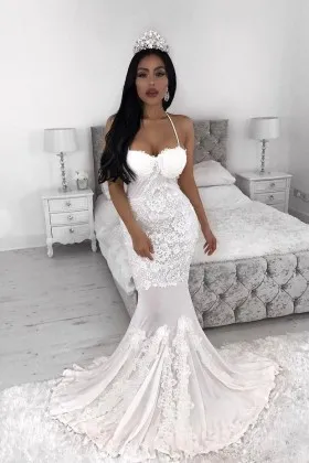 illusion white lace mermaid fashion long wedding dress