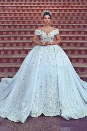 floral lace satin off shoulder princess bridal ballgown