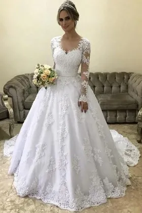white lace sweetheart long sleeve wedding ball gown