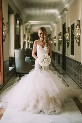 cap sleeve drop waist lace tulle mermaid bridal dress
