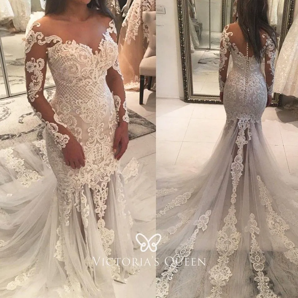 Stunning Designer Lace Illusion Sleeve Wedding Dress - VQ