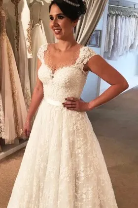 Pearled Illusion Sweetheart Cap Sleeve Lace Bridal Gown