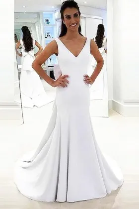 lovely bow V neck sleeveless satin mermaid wedding gown
