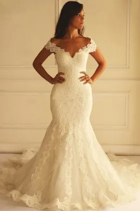 jagged off shoulder lace trumpet classic wedding dress