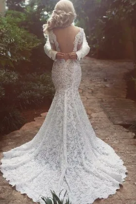 low V back chapel train classy lace mermaid bridal gown
