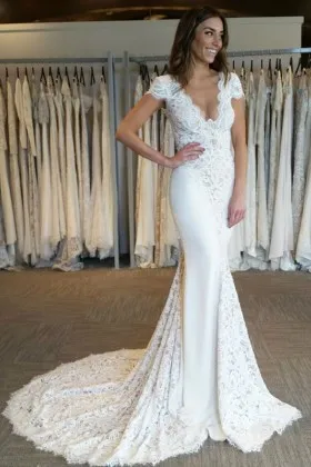 scalloped V neck cap sleeve modest lace wedding dress