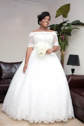 Off shoulder Short Sleeve Beaded Plus Size Wedding Gown