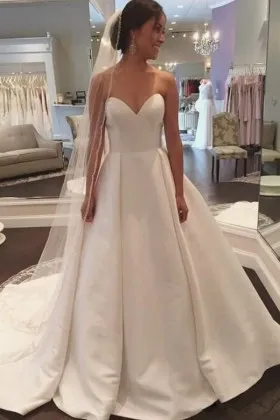 Strapless Sweetheart Simple Ivory Satin Wedding Gown