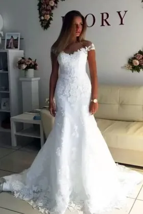 off shoulder lace satin mermaid classic wedding dress