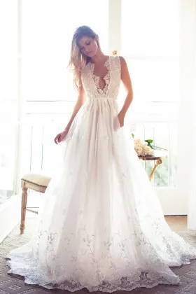 Plunging Neck Sheer Ethereal SpringSummer Wedding Gown