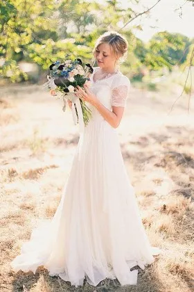 Short sleeve lace chiffon romantic rustic bridal gown
