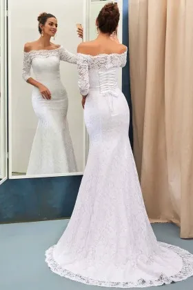 34 sleeve off shoulder white lace mermaid wedding gown