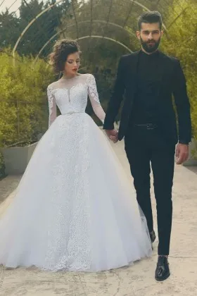 illusion neckline long sleeve chic wedding ball gown