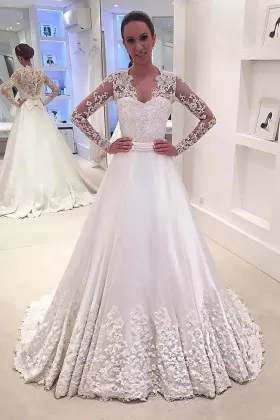 illusion long sleeve white lace satin wedding ball gown