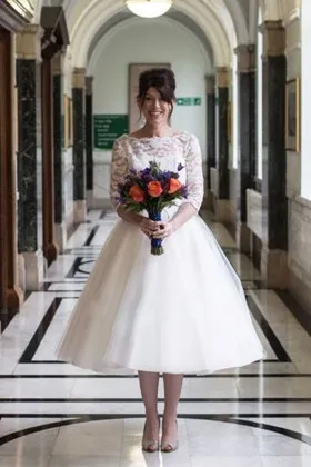 34 sleeve tea length lace tulle wedding ball gown