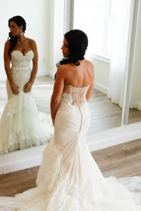 strapless tiered lace tulle modest long wedding gown