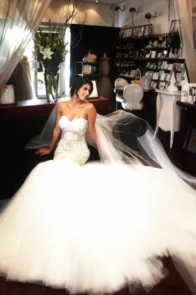 strapless sweetheart lace volume tulle wedding gown