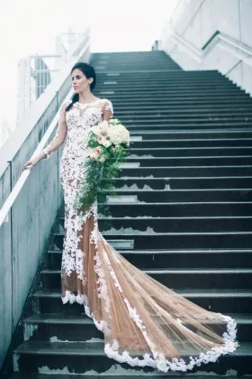 sheer nude tulle white lace mermaid sexy wedding dress