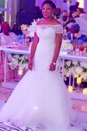 off the shoulder pleated tulle mermaid wedding dress