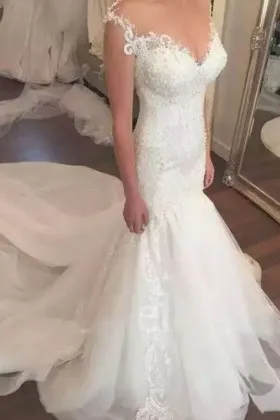 beaded lace off shoulder drop waist tulle wedding dress