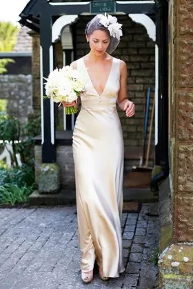 champagne satin plunging V neck casual wedding dress