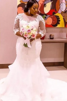 illusion 34 sleeve lace ruffles plus size wedding gown