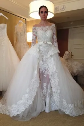 off shoulder lace 34 sleeves overskirt wedding dress