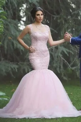 baby pink lace tulle drop waist trumpet wedding dress