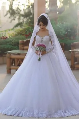 Jagged Sweetheart Sleeved White Lace Wedding Ball Gown