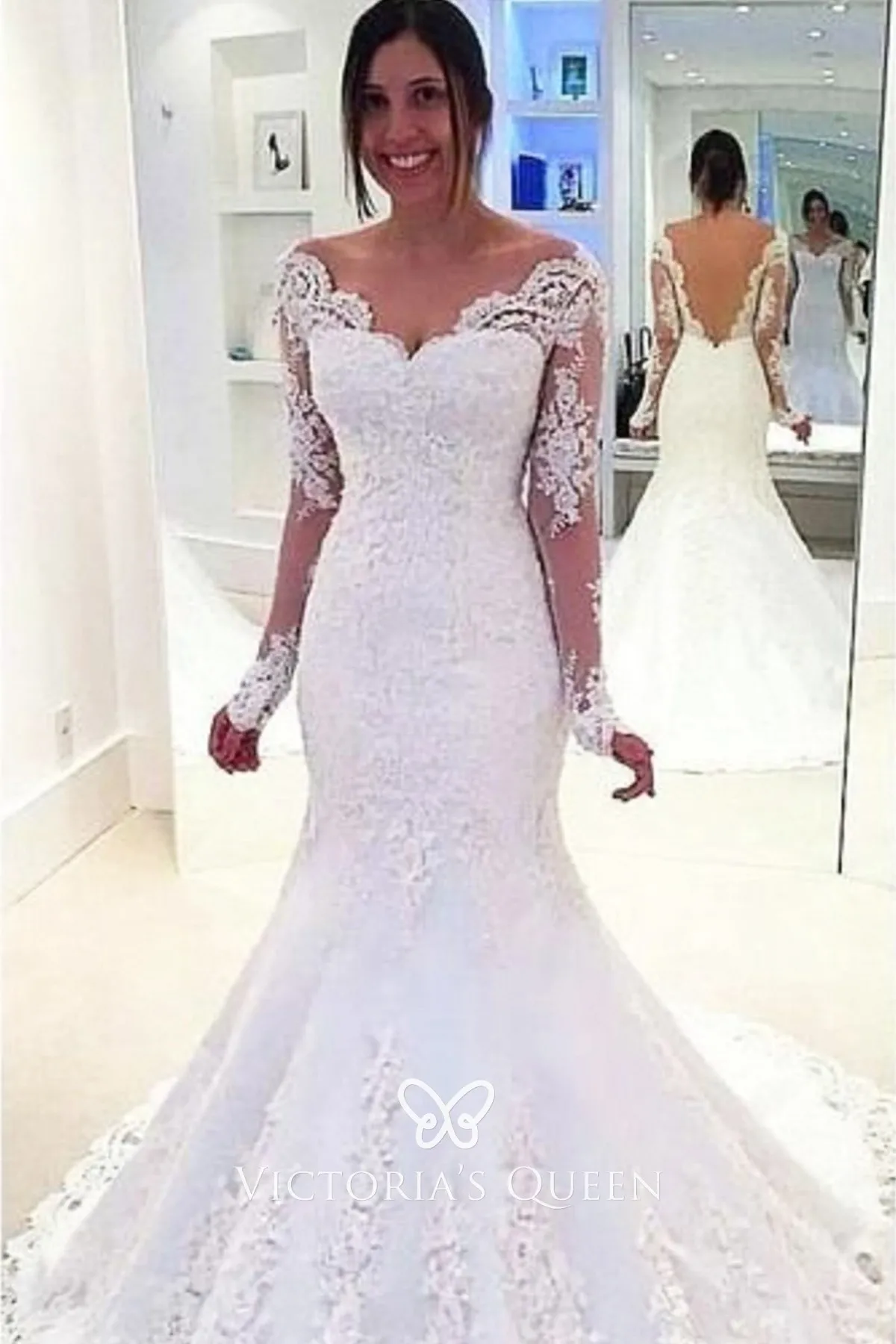 Sheer V-neck Lace Long-sleeve Wedding Gown 2021 – loveangeldress