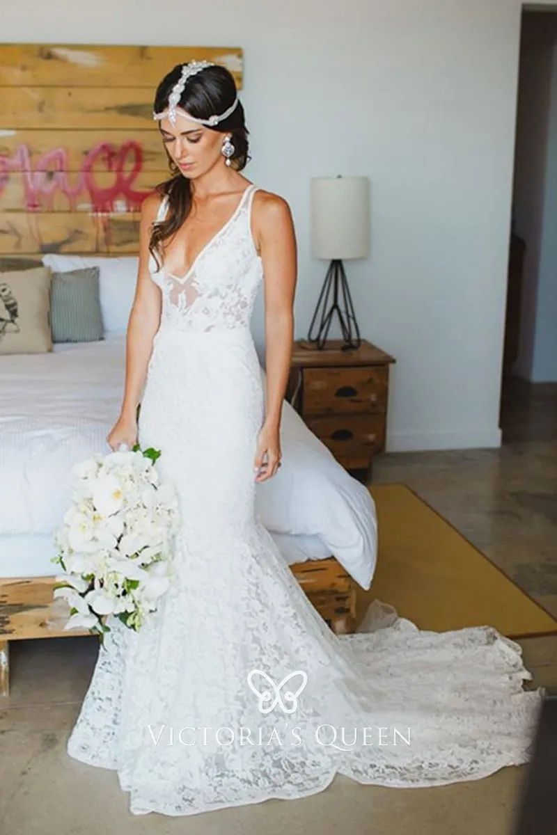 v neck lace mermaid wedding dress