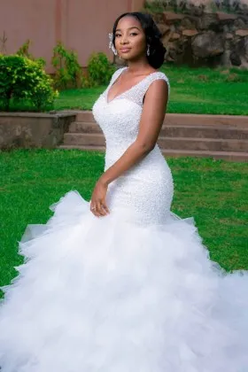 white beads ruffled tulle princess mermaid wedding gown