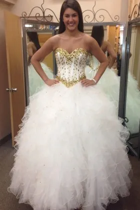 Gold Beading Basque Waist Ruffled Organza Wedding Gown