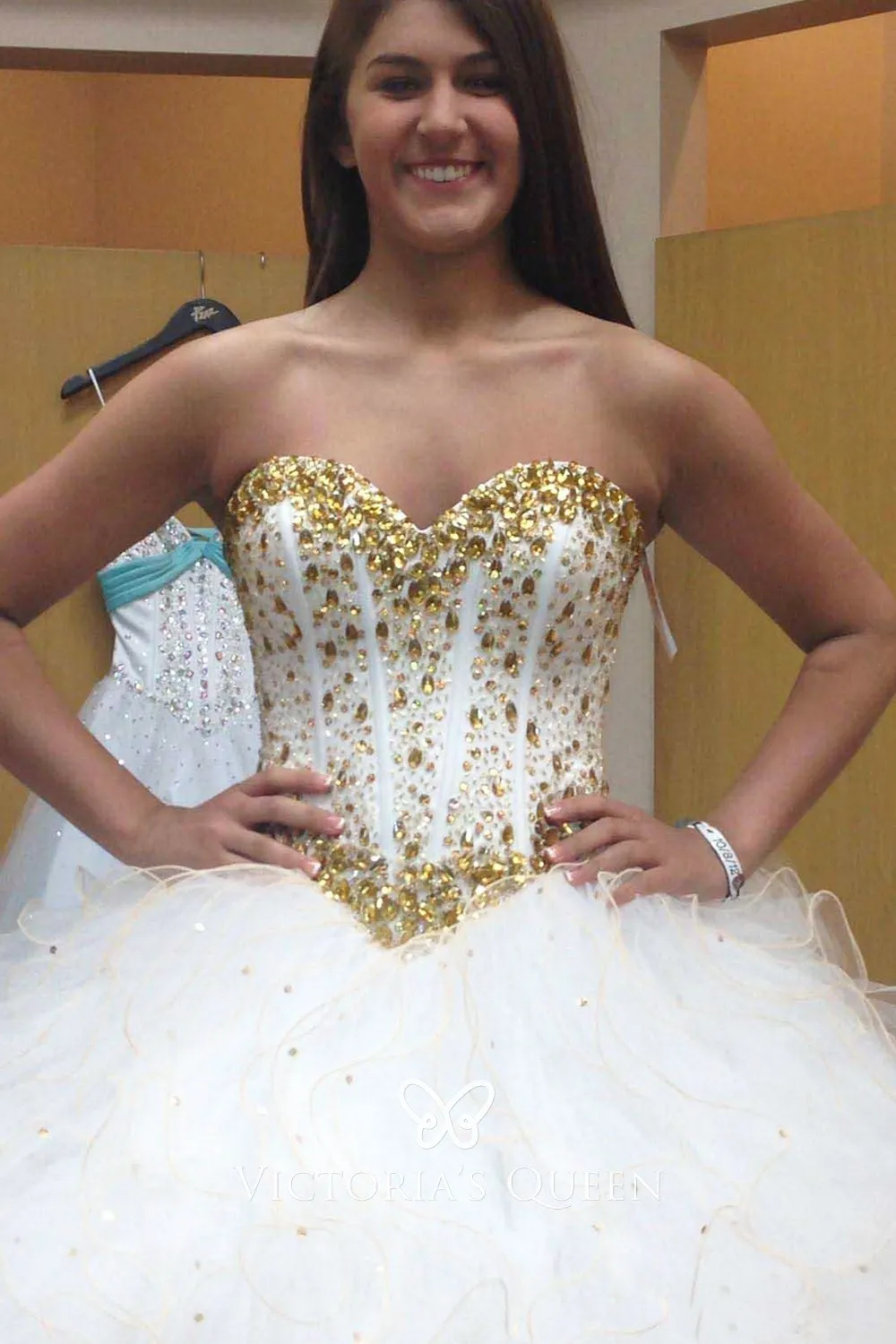 Gold Beading Basque Waist Ruffled Organza Wedding Gown VQ