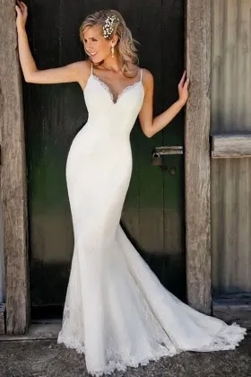 V neck spaghetti strap lace mermaid simple wedding gown