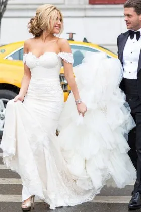 off shoulder lace city wedding dress with royal train