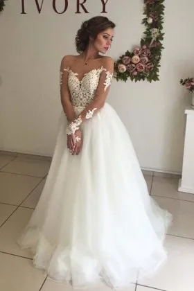 illusion neck sheer long sleeve lace tulle bridal dress
