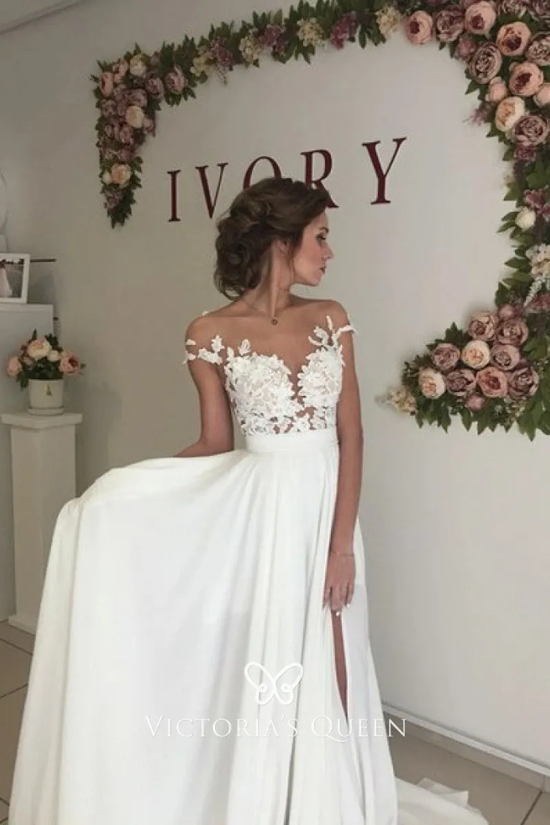 chiffon wedding dress with illusion lace sleeves